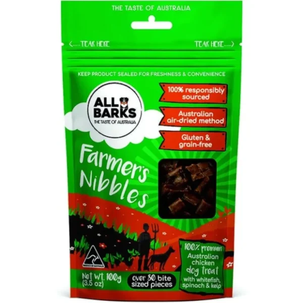 All Barks Farmers Nibbles Chicken, Whitefish, Spinach & Kelp Dog Treats 100G  - Pet Home | The Perfect Pet Supplies Shopping Experience