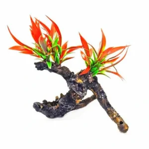 Aquatop Resin Driftwood with Red Plastic Plant - Pet Home | The Perfect Pet Supplies Shopping Experience