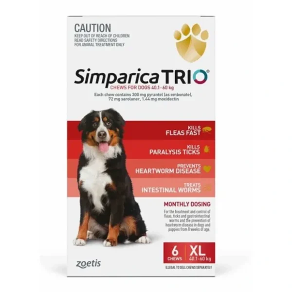 Simparica Trio 6 pack for dogs 40.1-60kg - Flea, Tick and Worming Treatment *RED* - Pet Home | The Perfect Pet Supplies Shopping Experience