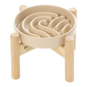 [Wave] Slow Feeder Dog Bowls - S / Beige / Wood Stand - Pet Home | The Perfect Pet Supplies Shopping Experience